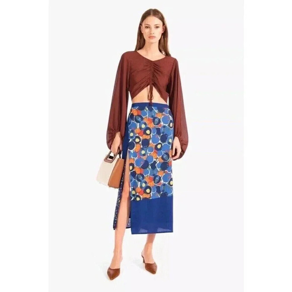 STAUD Moulette Midi Skirt Blue Fruit Veggie Colorblock Size 4 - Picture 1 of 11